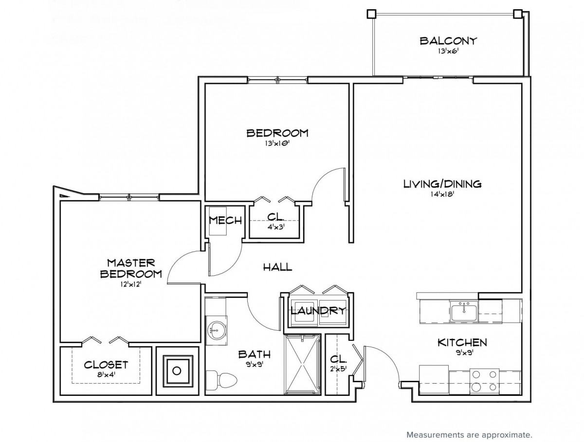A detailed floor plan of an apartment featuring two bedrooms, a living/dining area, kitchen, bathroom, laundry room, and balcony.