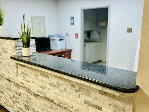 A clean and modern reception area featuring a stone counter and a potted plant.