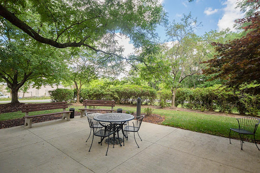 A serene outdoor patio area surrounded by lush greenery, perfect for gatherings or quiet moments.