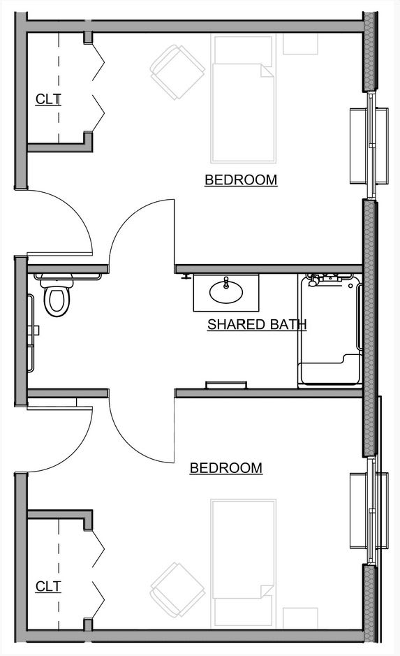 A floor plan showing two bedrooms with a shared bathroom in between.
