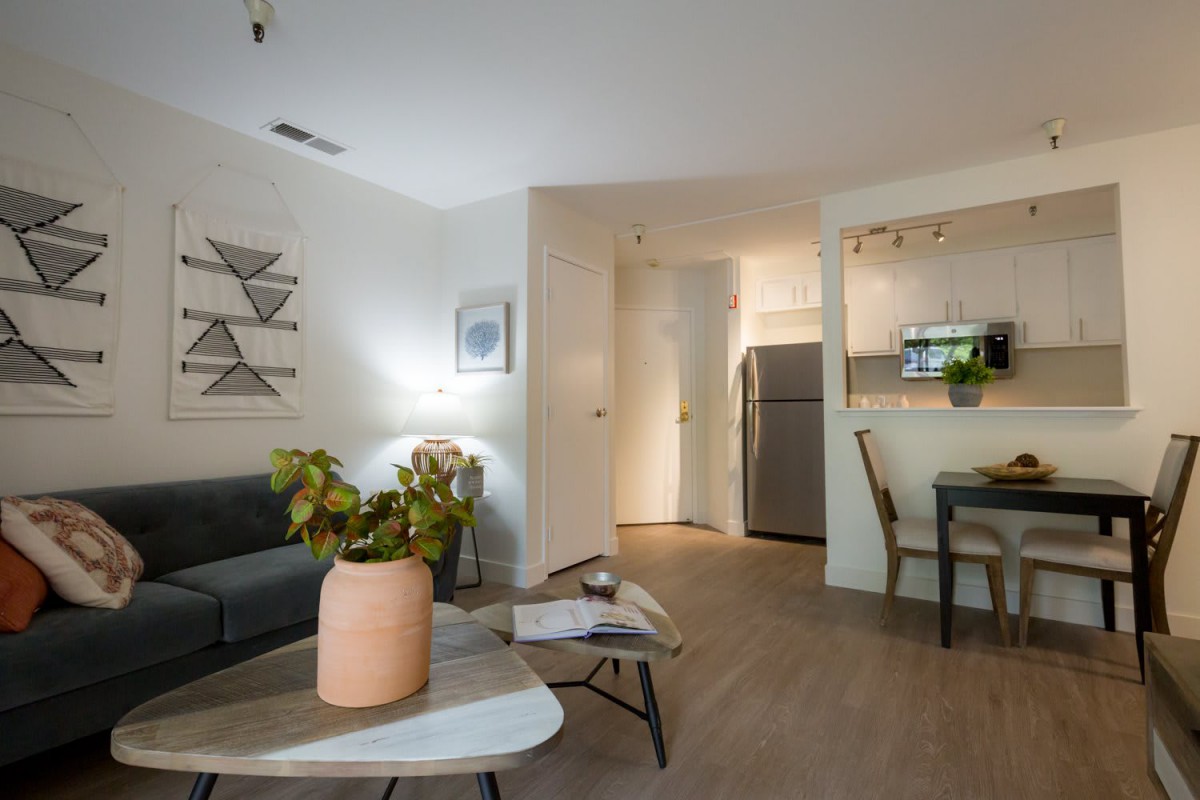 A cozy and modern apartment interior featuring a living area with stylish furniture and an open kitchen.