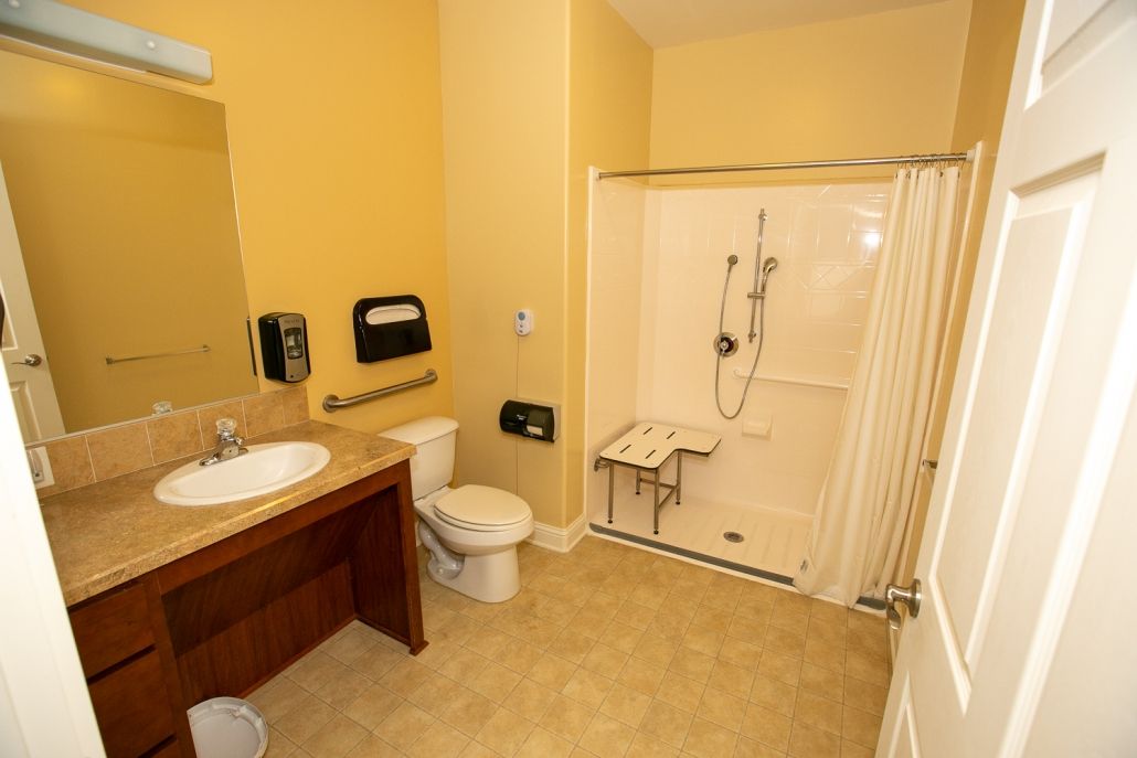 An accessible bathroom with a walk-in shower, toilet, and sink.