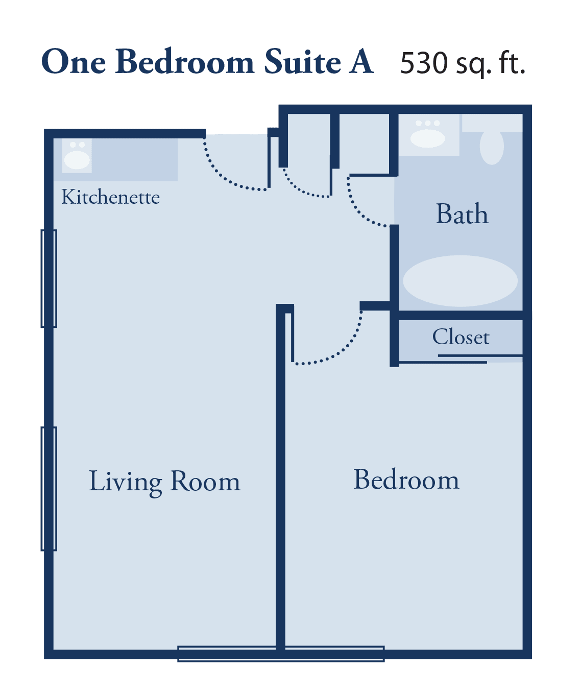 Floor plan of a one bedroom suite with living room, kitchenette, bath, and closet.
