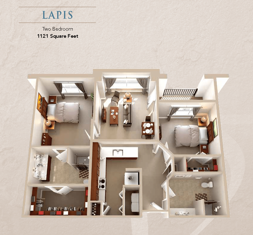 3D floor plan of a two-bedroom apartment labeled as 'Lapis'.