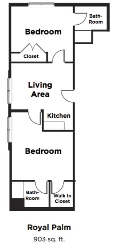Simple floor plan of an apartment with a living area, bedroom, and kitchen.