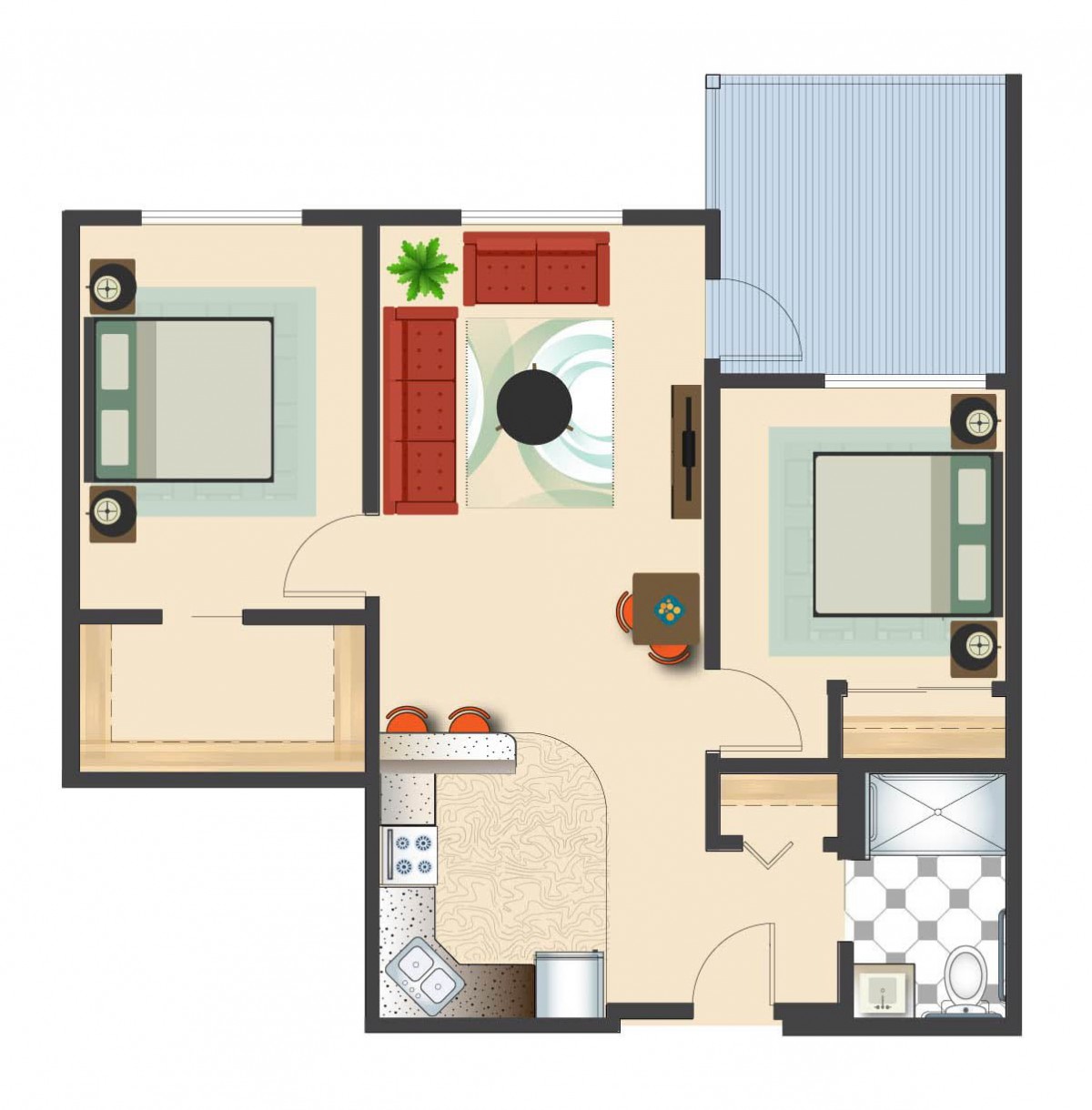 A floor plan showing a two-bedroom apartment with a living room, kitchen, and bathroom.