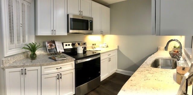 A modern kitchen with white cabinets and stainless steel appliances.