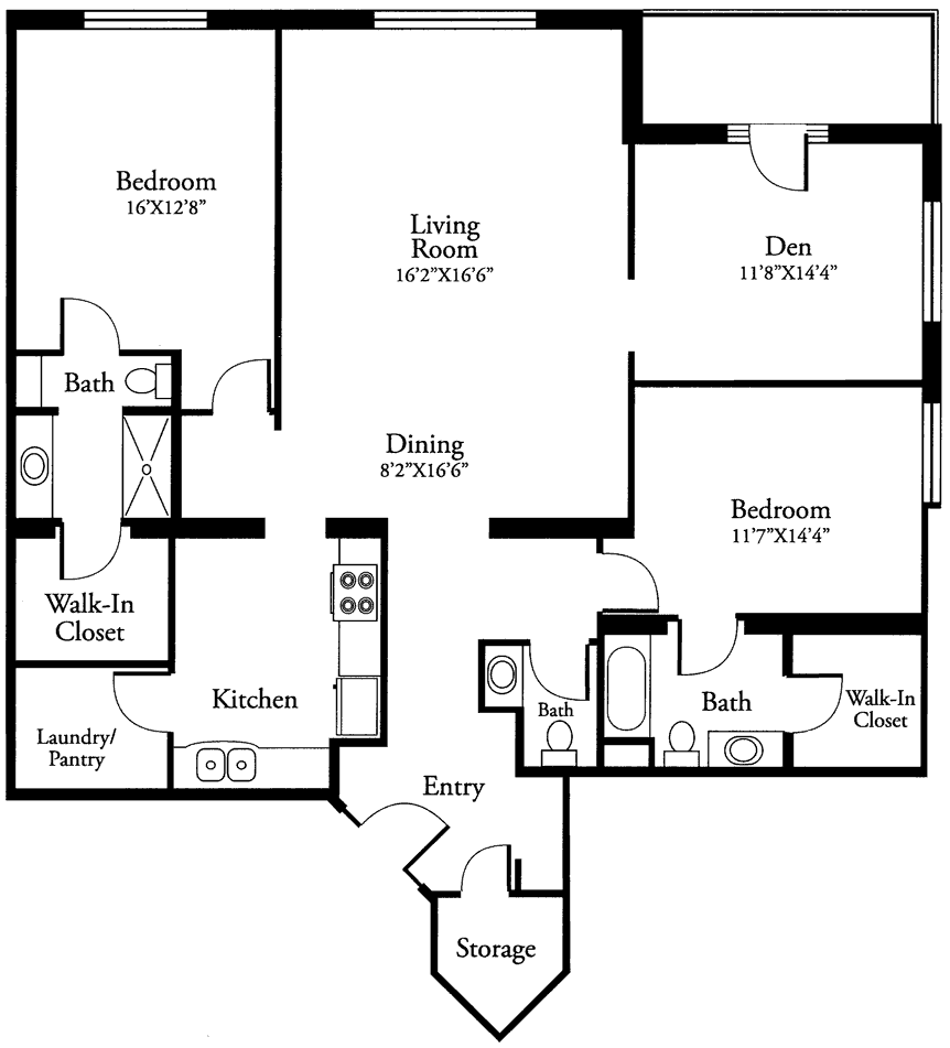 A floor plan of a two-bedroom apartment with a den, living room, kitchen, dining area, and two bathrooms.