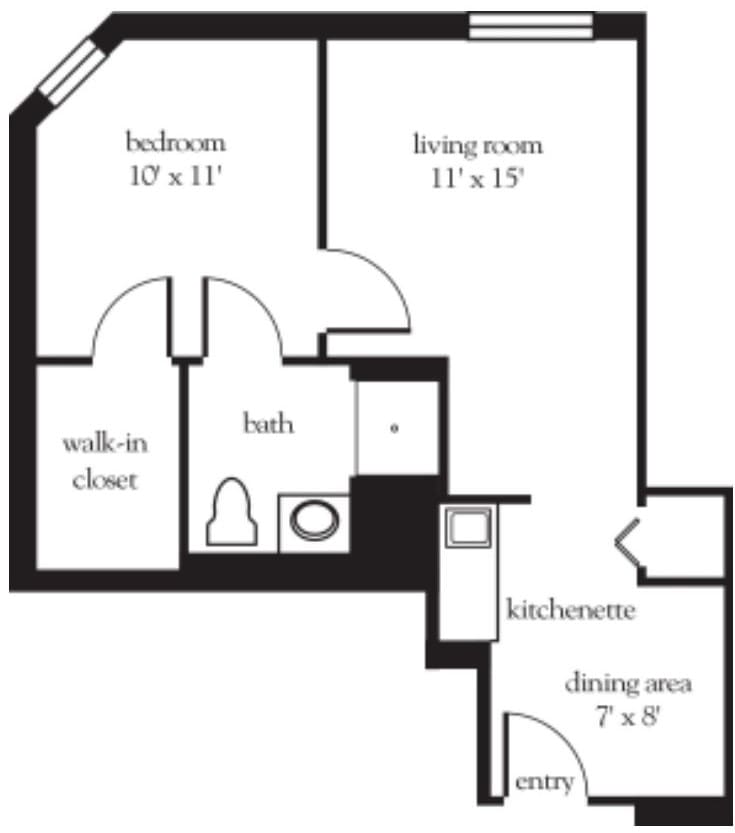 A floor plan of an apartment featuring a bedroom, living room, kitchen, bathroom, walk-in closet, and dining area.