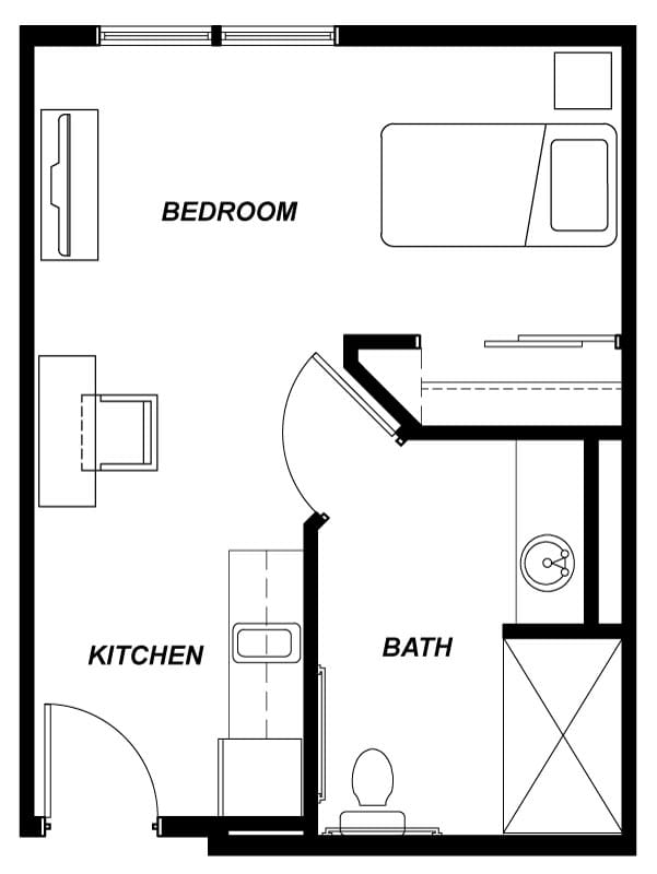 This image shows a simple floor plan featuring a bedroom, kitchen, and bathroom layout.