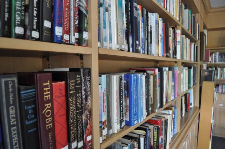 Books lined up on a library shelf.