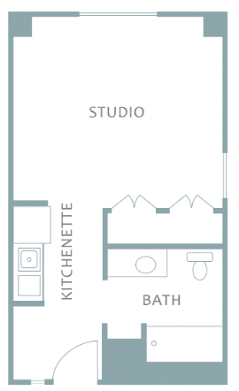 Floor plan of a studio apartment with kitchenette and bathroom.