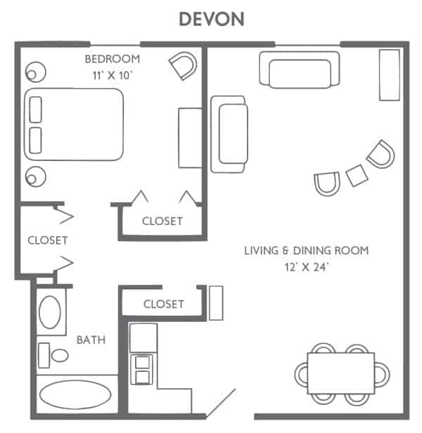 Devon apartment floor plan with one bedroom, living and dining area, bathroom, and closets.