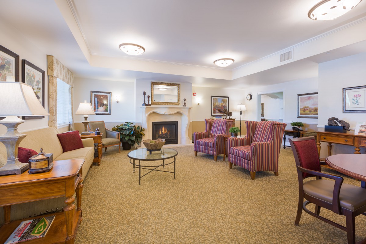 A cozy living room with comfortable seating and a warm fireplace.