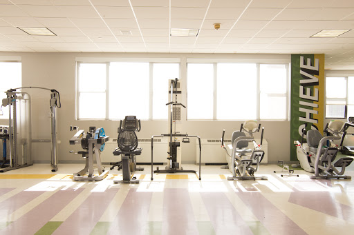 A bright and airy fitness space featuring various exercise machines.