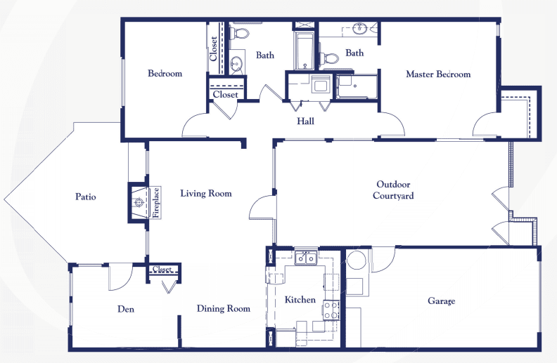 A floor plan depicting the layout of a house with multiple rooms and an outdoor courtyard.