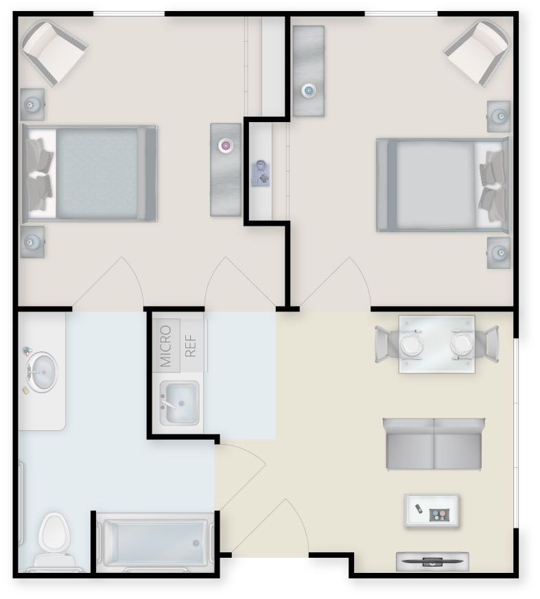 A floor plan of a two-bedroom apartment layout.