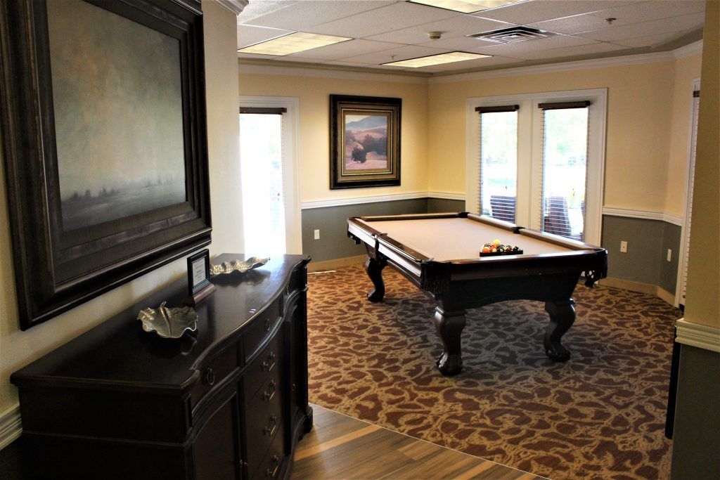 A well-lit recreation room featuring a pool table, carpeted floor, and framed artwork on the walls.