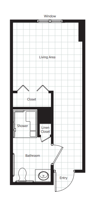 Studio apartment floor plan with living area, closet, and bathroom.