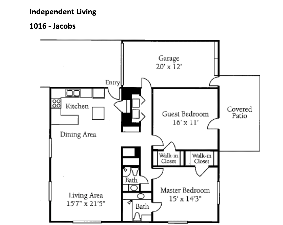 Independent Living Floor Plan: Two-bedroom apartment layout with a garage and covered patio.