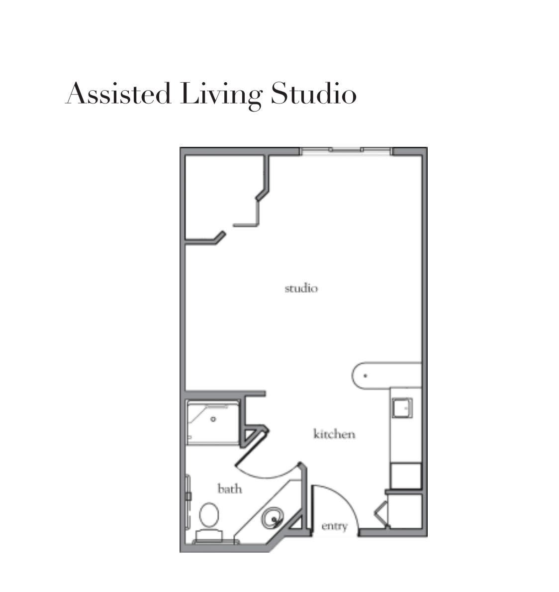 Floor plan layout of an assisted living studio apartment.