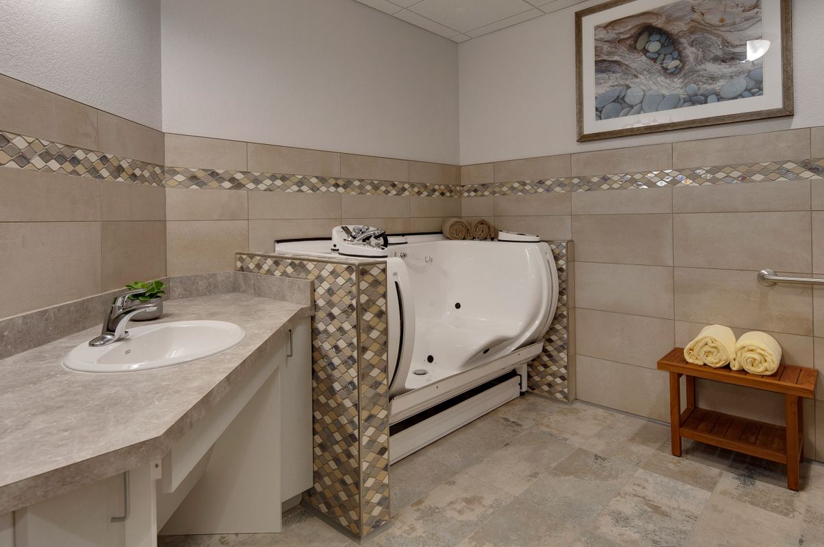 A modern bathroom featuring an accessible walk-in tub and stylish tile work.