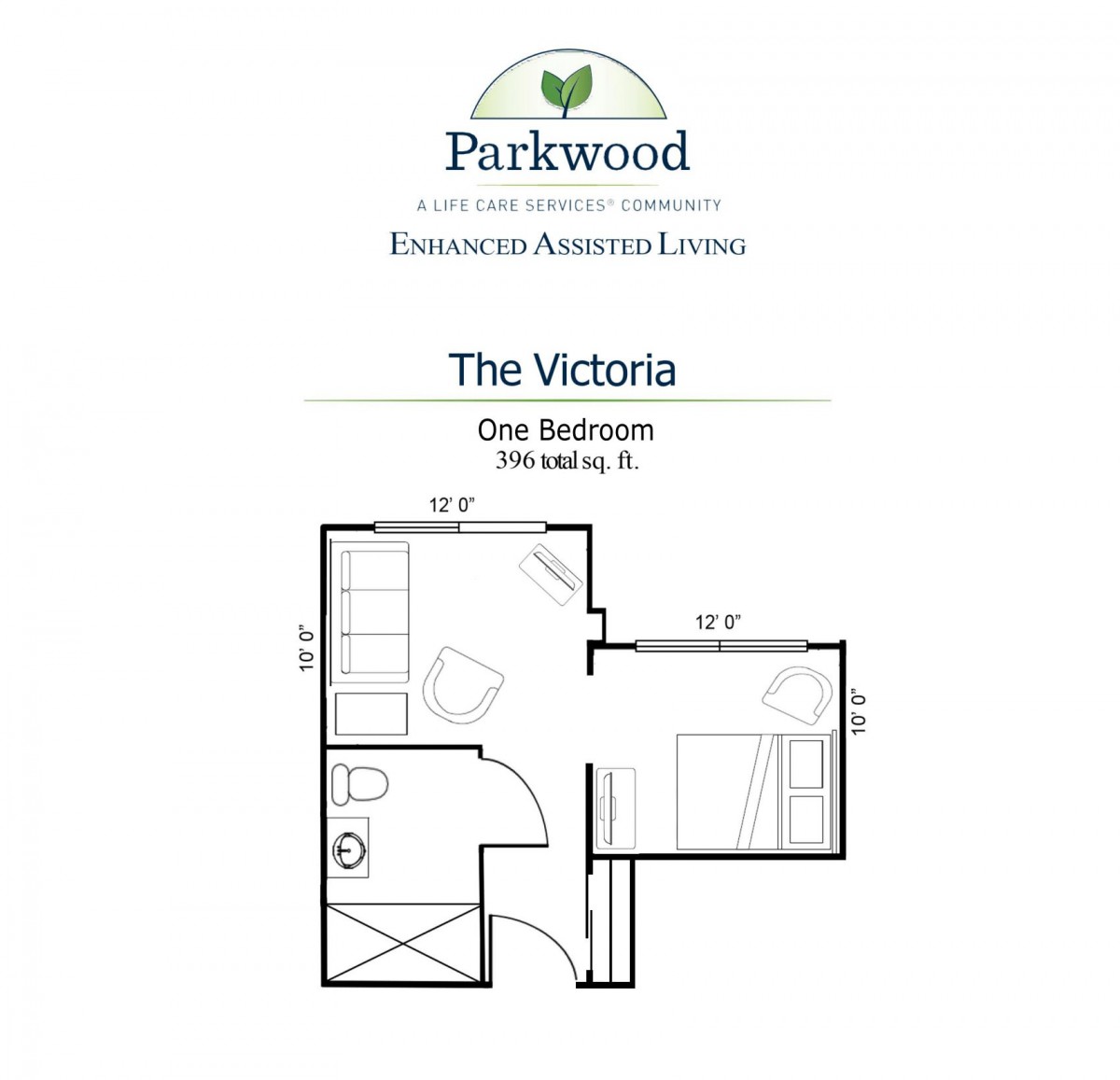 Floor plan of 'The Victoria' one-bedroom unit at Parkwood Assisted Living.