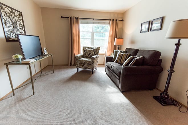 A cozy living room with a sofa, armchair, and television.