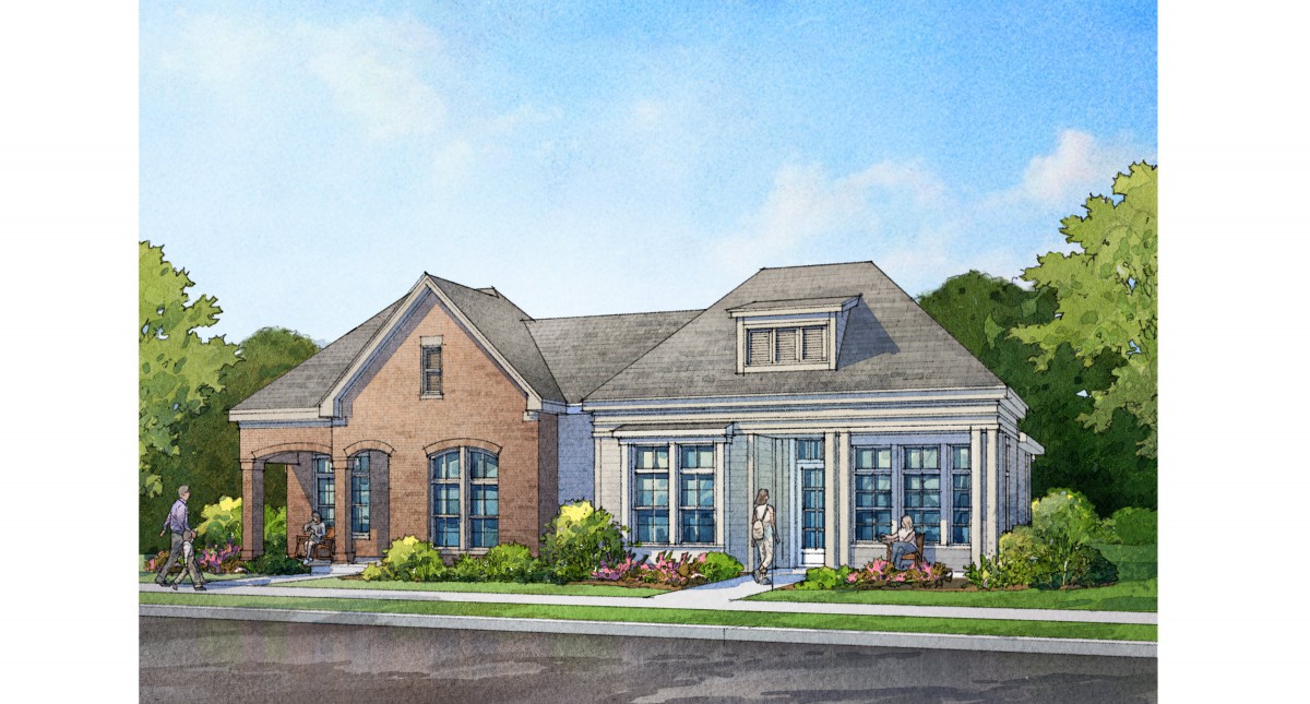Illustrated view of a residential house with a landscaped front yard.
