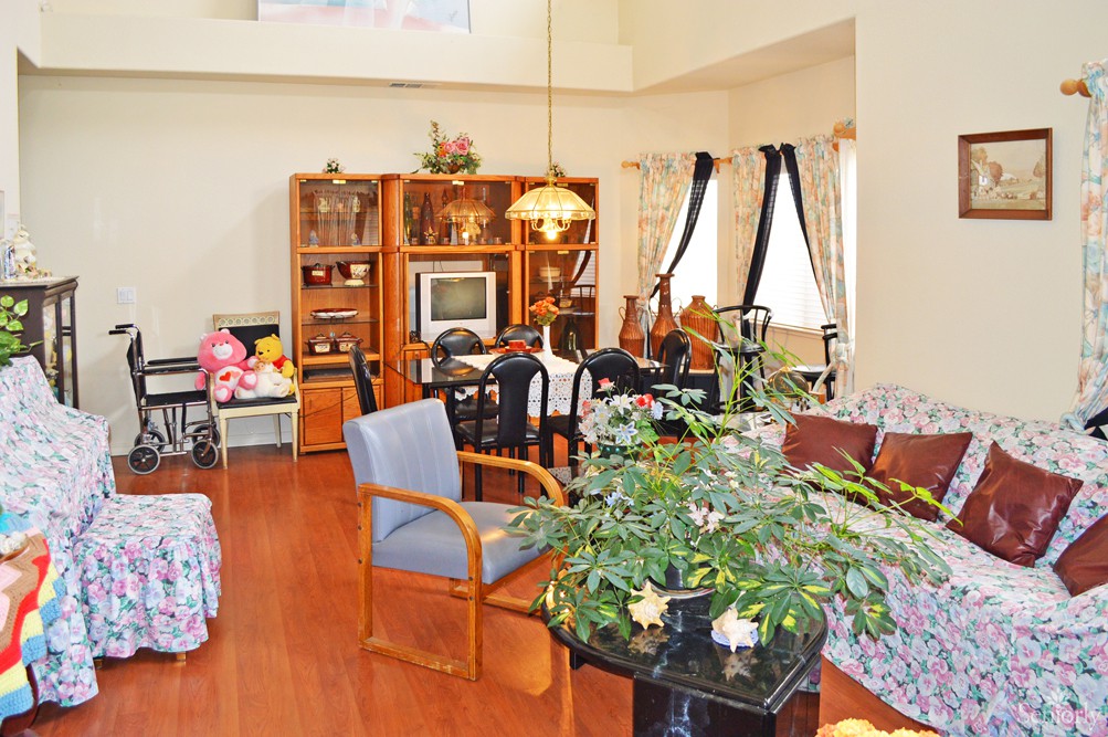 A cozy living room with a dining area, decorated with plants and wooden furniture.