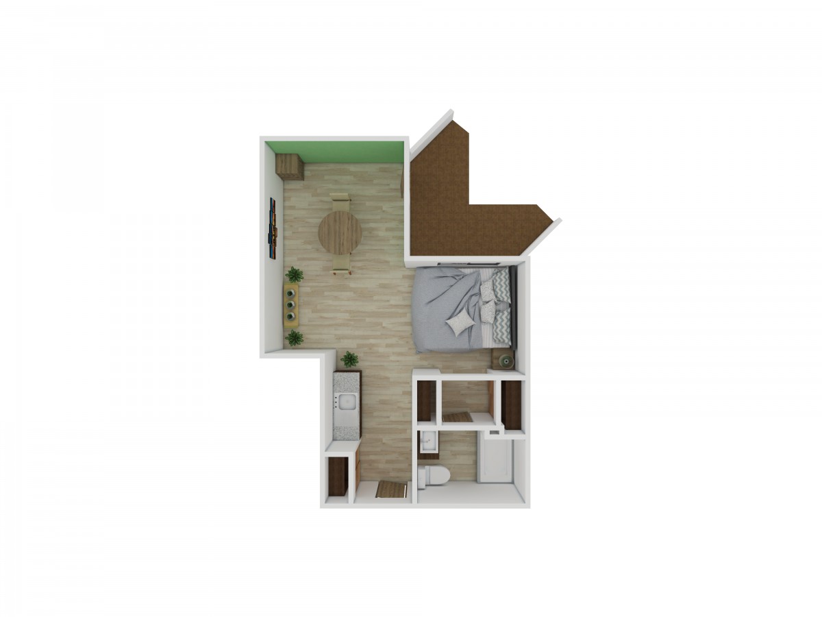 A small apartment floor plan featuring a bedroom and living area.