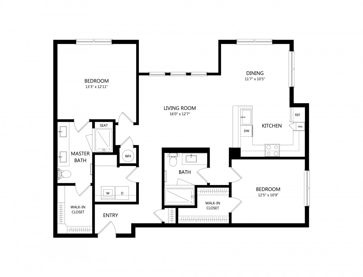 A detailed floor plan of a two-bedroom apartment showing room dimensions and layout.