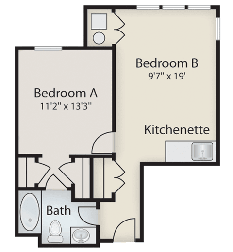 A floor plan of an apartment featuring two bedrooms, a kitchenette, and a bathroom.