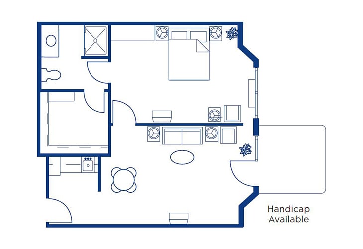A floor plan illustrating the layout of a living space with designated areas for the bedroom, bathroom, and living room.