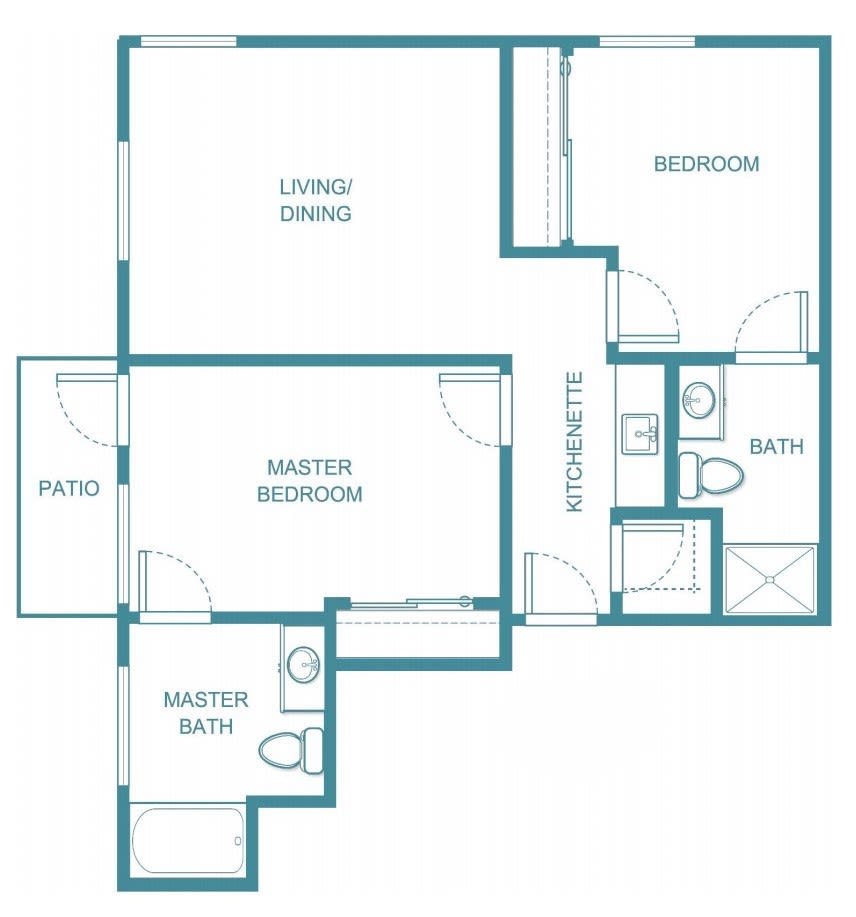 A floor plan of a two-bedroom, two-bathroom apartment.