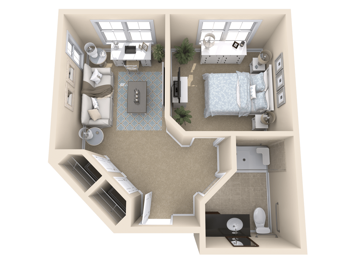 A 3D floor plan of a small apartment featuring a bedroom, living room, and bathroom.