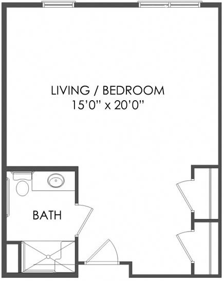 Studio apartment layout with dimensions for living/bedroom and bath.