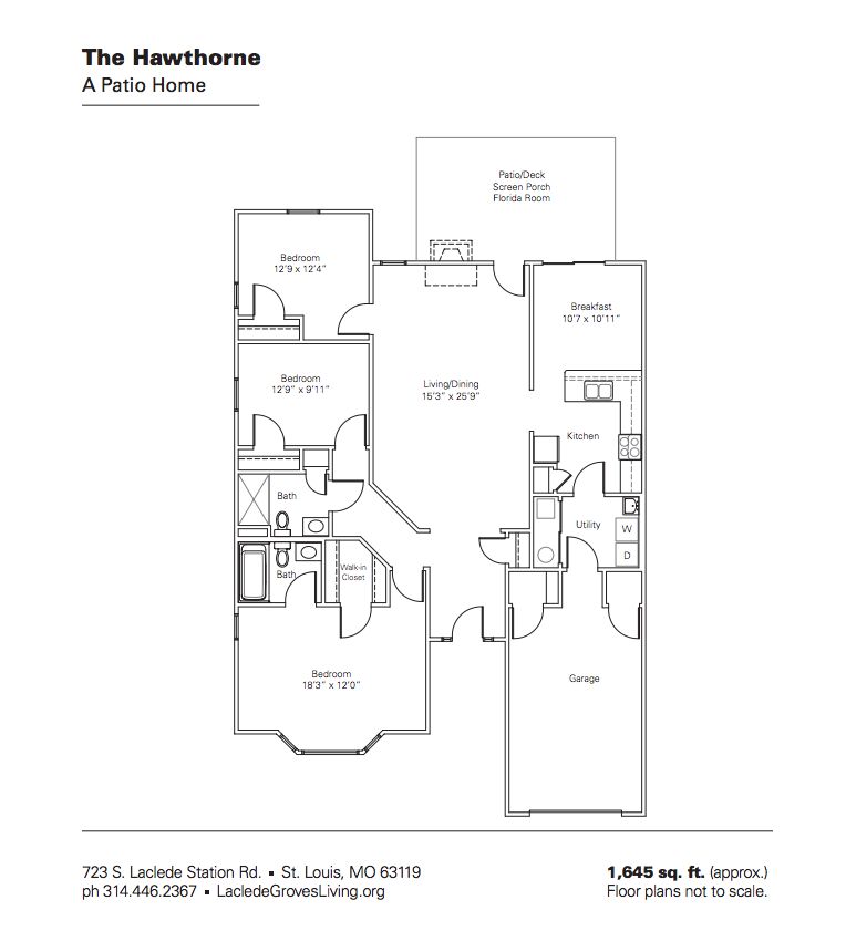 Floor plan of 'The Hawthorne' patio home with 1,495 sq. ft.