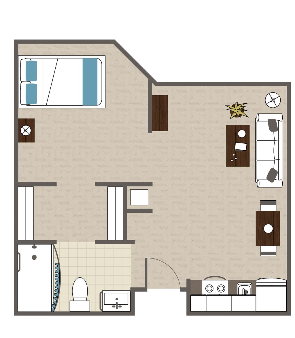 A floor plan of a one-bedroom apartment featuring a bedroom, bathroom, kitchen, and living area.