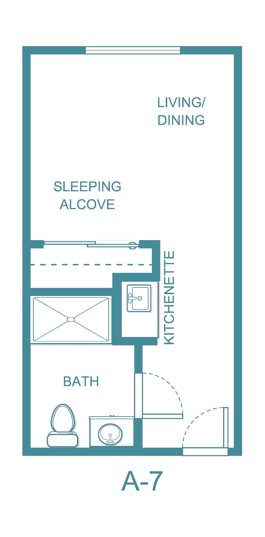 Studio apartment floor plan featuring a sleeping alcove, kitchenette, and bath.