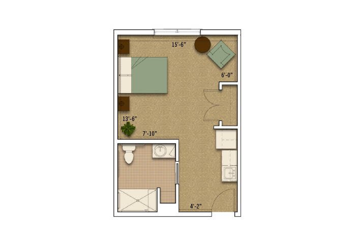 A compact apartment floor plan featuring a bedroom, bathroom, and small living area.