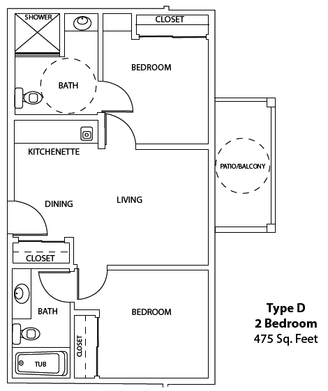Type D two-bedroom apartment floor plan with kitchenette and living area.