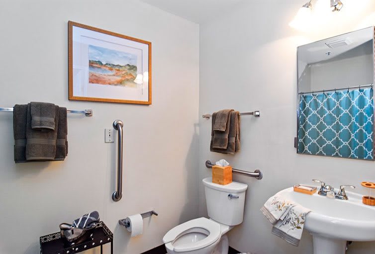 A well-equipped bathroom with a toilet, sink, mirror, towels, and wall art.