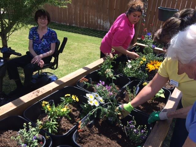 People working together in a garden, planting flowers and tending to the soil.
