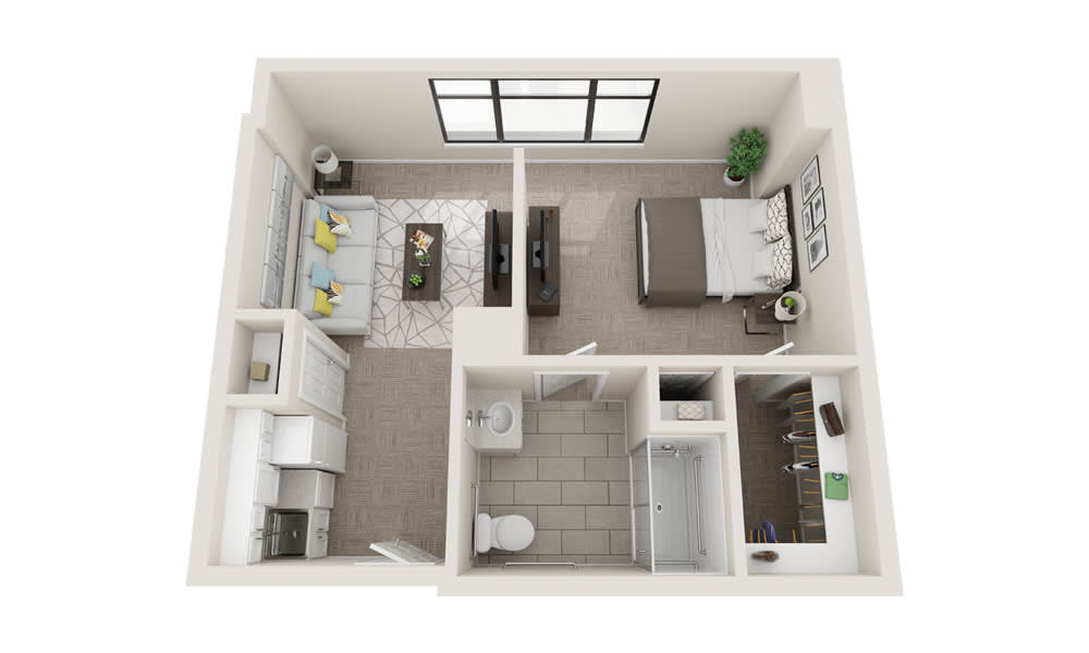 3D floor plan of a one-bedroom apartment with a living room, kitchen, and bathroom.