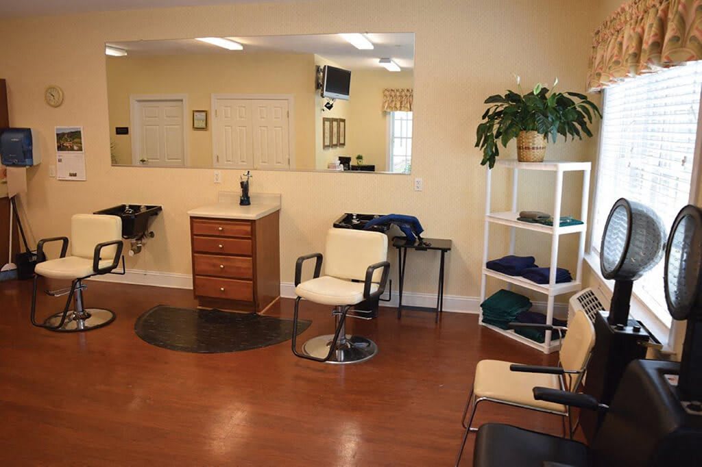 An empty salon interior with chairs, a mirror, and shelves with plants.