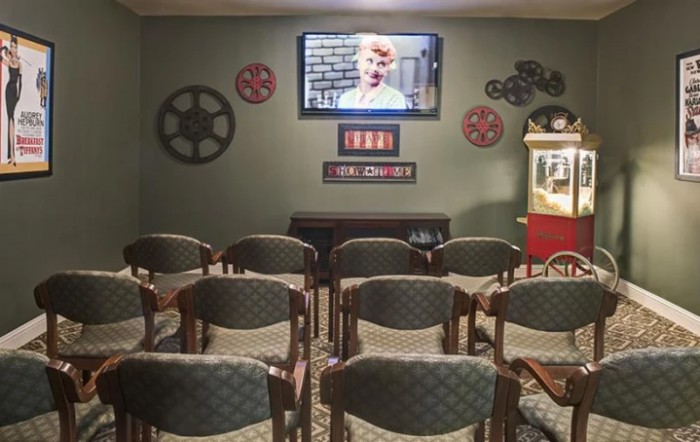 A cozy home theater with rows of chairs, a television screen, and film-themed decor.