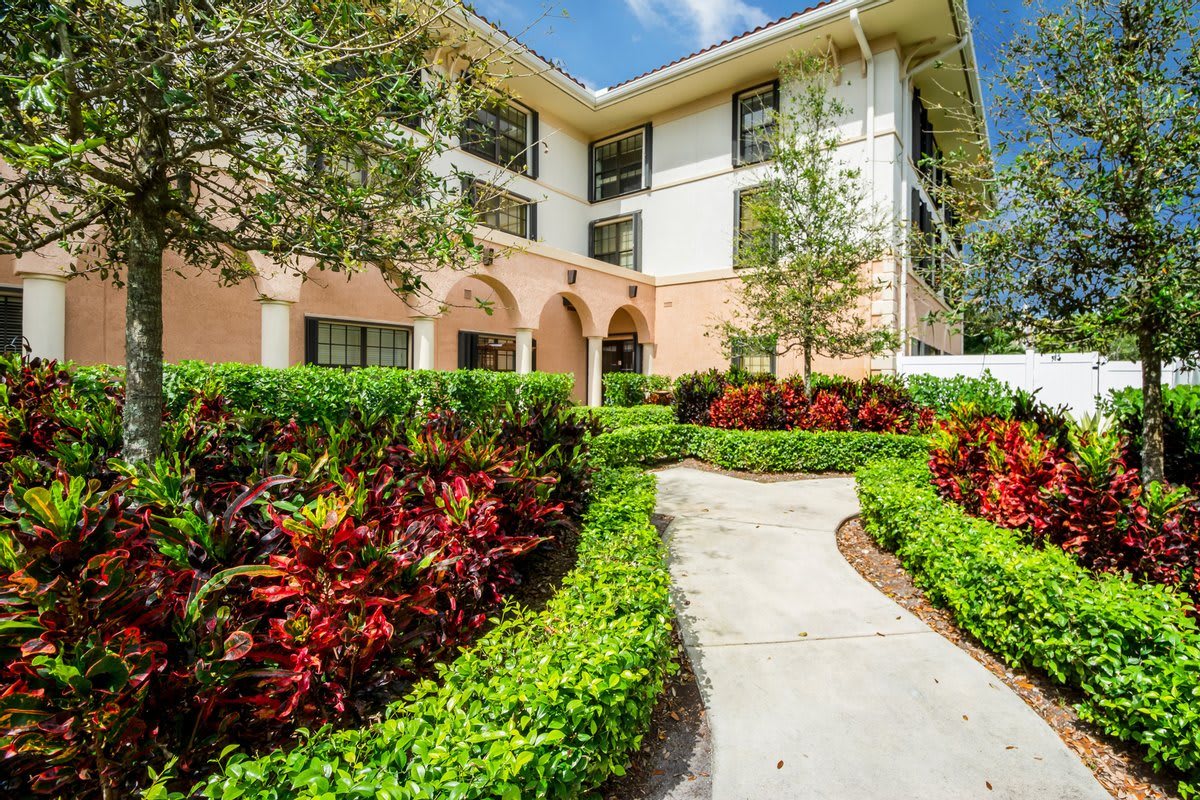 A well-maintained garden pathway leads to a modern, light-colored building surrounded by lush greenery and vibrant plants.