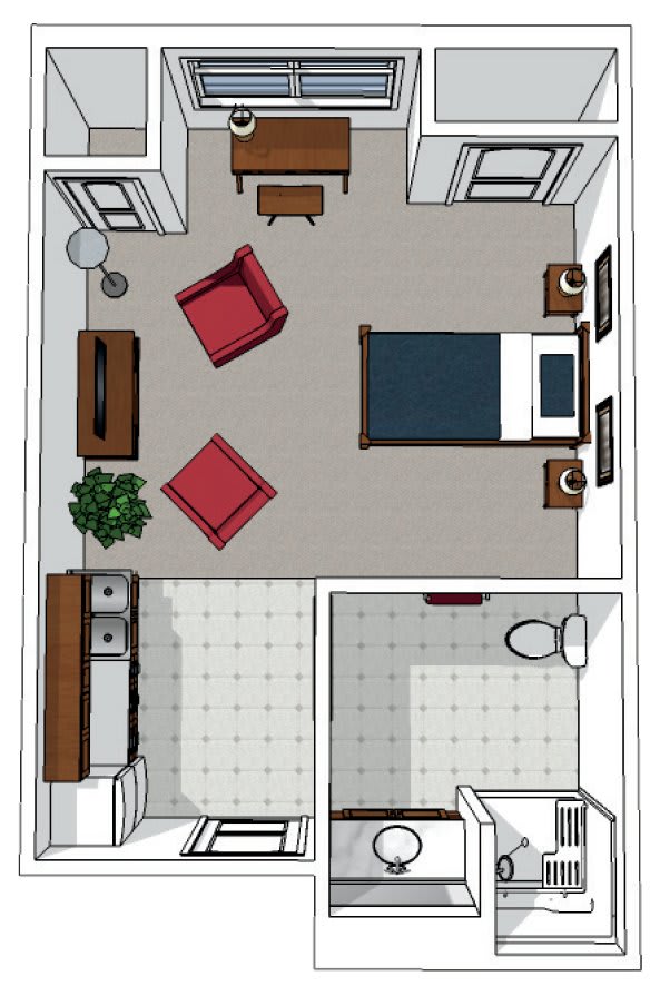 A simple bedroom floor plan featuring a bed, two chairs, a dresser, and adjacent bathroom.