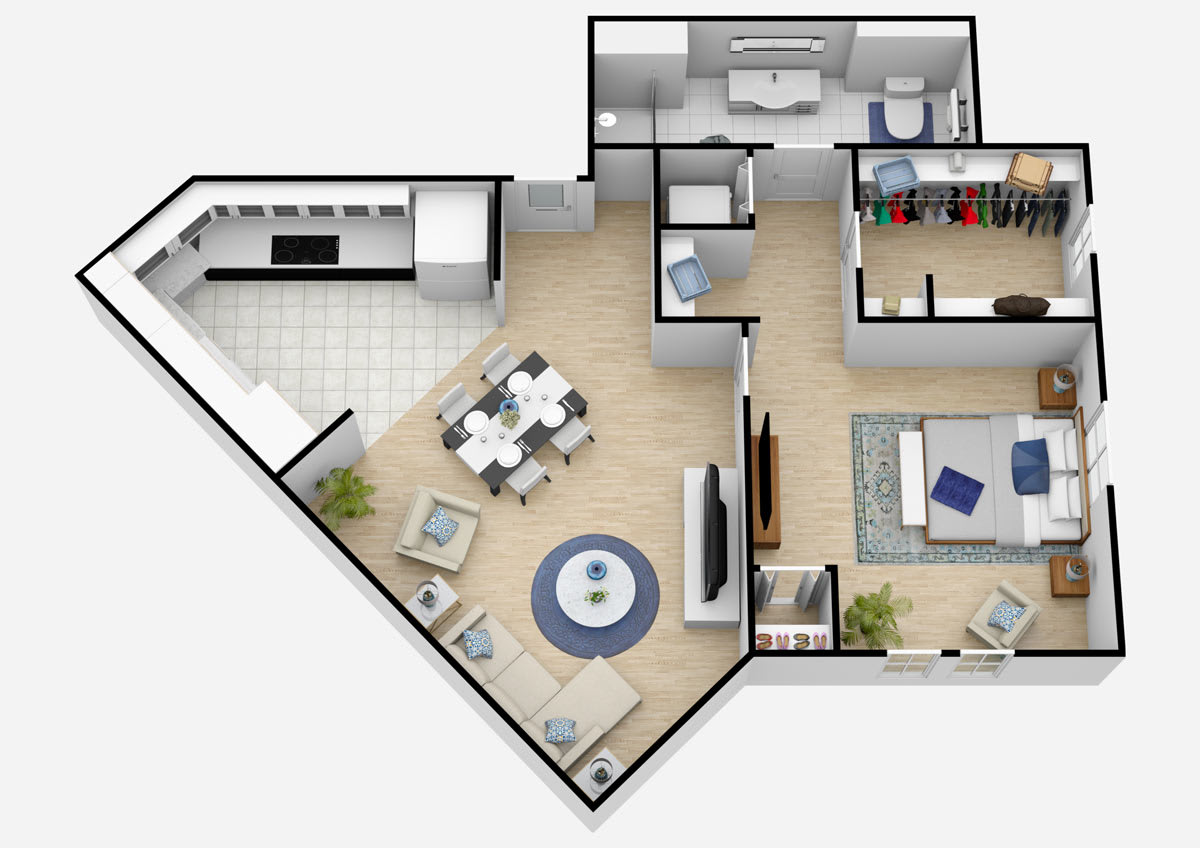 A 3D floor plan of an apartment showcasing an open concept living area, kitchen, and bedroom.